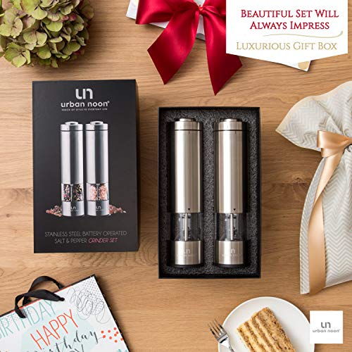 Electric Salt and Pepper Grinder Set - Battery Operated Stainless Steel Mill with Light (2 Mills) - Automatic One Handed Operation - Electronic Adjustable Shakers - Ceramic Grinders