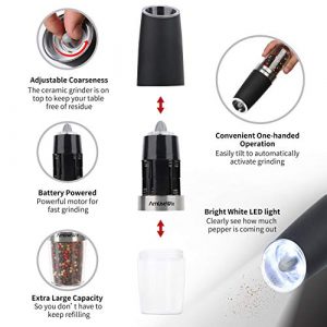 Gravity Electric Salt and Pepper Grinder Set of 2【White Light】- Battery Operated Automatic Salt and Pepper Mills with Light,Adjustable Coarseness,One Handed Operation,Cleaning Brush,Black by AmuseWit