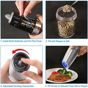 Gravity Electric Salt and Pepper Grinder Set, Automatic Pepper and Salt Mill Grinder,Battery-Operated with Adjustable Coarseness, Premium Stainless Steel with LED Light, One Hand Operated