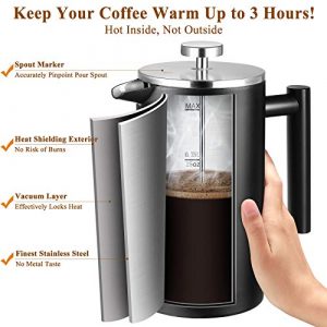 BAYKA 34 Oz French Press Coffee Maker, 304 Grade Stainless Steel, Double Wall Insulated Coffee Press for Home Office, 4-Level Filtration Systems, Dishwasher Safe, Black