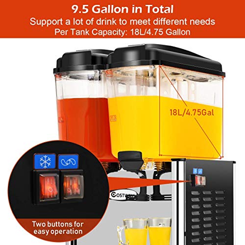 COSTWAY Commercial Beverage Dispenser Machine, 9.5 Gallon 2 Tank Juice Dispenser for Cold Drink, 350W Stainless Steel Finish Food Grade Material Ice Tea Drink Dispenser, 18 Liter Per Tank (Stainless)