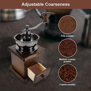 Mystery Vintage Manual Coffee Grinder Wooden Hand Coffee Mill Coffee Bean Grinder Adjustable Coarseness Gear Setting, with Ceramic Burrs and Catch Drawer for Drip Coffee Espresso French Press