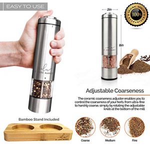 PEPPER GRINDER MILL, ELECTRIC SALT AND PEPPER GRINDER (2PCs), AUTOMATIC SALT AND PEPPER GRINDER SET, SALT AND PEPPER SHAKERS ELECTRIC, PEPPER CANNON, BATTERY OPERATED, WITH LED LIGHT & WOODEN STAND