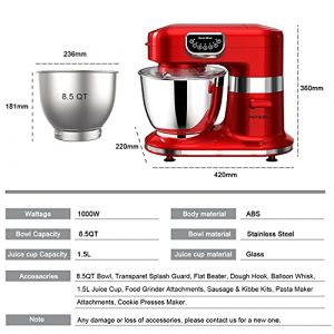 Stand Mixer, 8.5QT 800W 8 in 1 Multifunctional Kitchen Dough Mixer with Dough Hook, Whisk, Beater,Meat Grinder, Blender, Pasta attachment, 5-Speed with LED Key (Red)