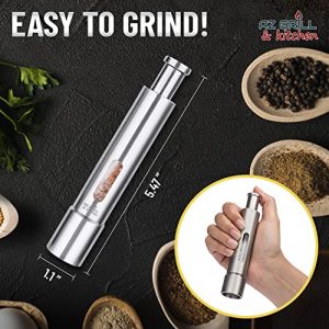 Salt and Pepper Grinder Set - Refillable Stainless Steel Mill Shakers Mini with Push Button - Portable Modern One Hand Travel for Himalayan Pink Sea Salt Black Peppercorns Spice by AZ-GRILL & kitchen