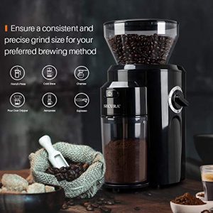 Secura Burr Coffee Grinder, Conical Burr Mill Grinder with 18 Grind Settings from Ultra-fine to Coarse, Electric Coffee Grinder for French Press, Percolator, Drip, American and Turkish Coffee Makers