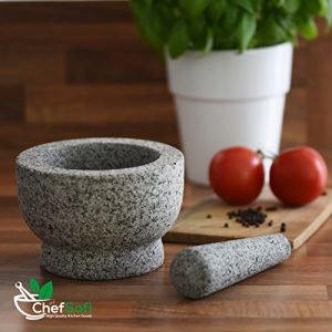 ChefSofi Mortar and Pestle Set - 6 Inch - 2 Cup Capacity - Unpolished Heavy Granite for Enhanced Performance and Organic Appearance - Included: Anti-Scratch Protector + Italian Recipes EBook