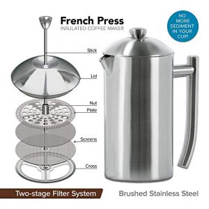 Frieling Double-Walled Stainless-Steel French Press Coffee Maker in Frustration Free Packaging, Brushed, 44 Ounces