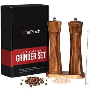OnePinch Wooden Salt and Pepper Grinder Set, Refillable Tableware Acacia Wood, Large Pepper Grinder Salt Shaker Refillable Kit with Adjustable Coarseness and Ceramic Rotor & Nice Base Included
