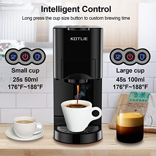 Capsule Coffee Maker, KOTLIE 3 in 1 Mini Espresso Machine, Coffee Brewer with Self-Cleaning Function, Compatible with K-Cup Pods Nespresso Capsules and Coffee Grounds, 19 Bar, 27oz, 1450W, Black