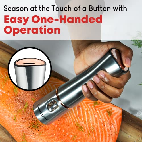 ChefGiant Electric Salt and Pepper Grinder Set - Rose Gold & Stainless Steel One Hand Operated Adjustable Coarseness Mill with LED Light, Batteries, Measuring Spoon & Brush