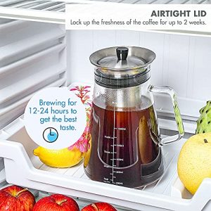 Airtight Cold Brew Iced Coffee Maker 34oz/1L, BPA-Free, Thick Borosilicate Glass Carafe with Double Fine Mesh Removable Filter, Dishwasher Safe, Rustproof, 5 Cups Capacity