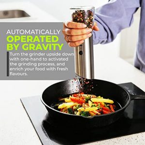 Electric Pepper Grinder Rechargeable, Automatic Gravity Salt Mill with Adjustable Coarseness, Brushed Stainless Steel, Ceramic Blades and Refillable Ergonomic Glass - USB cable included (silver)