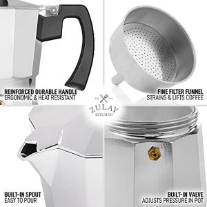 Zulay Classic Stovetop Espresso Maker for Great Flavored Strong Espresso, Classic Italian Style 8 Espresso Cup Moka Pot, Makes Delicious Coffee, Easy to Operate & Quick Cleanup Pot (Silver)