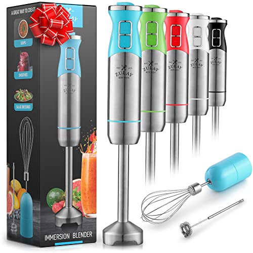 Zulay Kitchen Immersion Blender Handheld 500W - 8 Speed Copper Motor Immersion Hand Blender - Heavy Duty Stick Blender Immersion With Stainless Steel Whisk and Milk Frother Attachments (Blue)