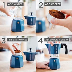 GROSCHE Milano Stove top espresso maker (6 espresso cup size 9.3 oz) Blue, and battery operated milk frother bundle for lattes