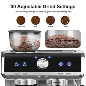 Espresso Machine With Grinder & Steam Wand, Bonsenkitchen Professional 15 Bar All in One Espresso Coffee Maker Machine for Home Espresso, Cappuccino and Latte, Stainless Steel Body