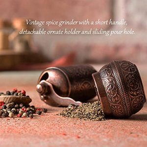 Decorative Black Pepper Grinder, Refillable Turkish Spice Mill with Adjustable Coarseness, Manual Pepper Mill with Handle, Spice Grinder Metal with Hand Crank, Copper