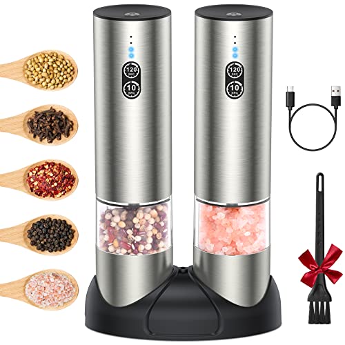 Rechargeable Salt and Pepper Grinder Set, Frapow 2 Mills Electric Spice Grinder with LED Light, Battery and Charging Base, Stainless Steel