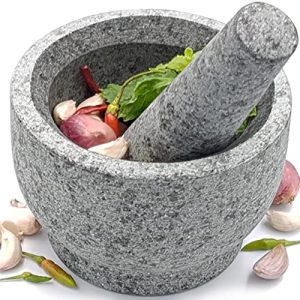 Granite Mortar and Pestle Set – Molcajete Mexicano Pestle and Mortar Set - Large Guacamole Bowl - Spice Grinder Hand - Unpolished 5.2 Inch Holds 1.75 Cups - Ergonomic Sleek Design - Gray