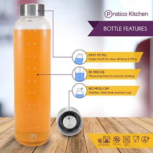 Pratico Kitchen 20 oz. Leak-Proof Glass Bottles, Juice Containers and Smoothie Bottles, Stainless Steel Caps, 4 Pack