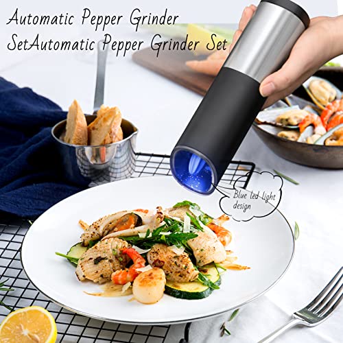 Gravity Electric Salt and Pepper Grinder Set, Automatic Salt and Pepper Mill Grinder Battery Operated With LED Light Adjustable Coarseness, One Hand Automatic Operation (2 Pack)