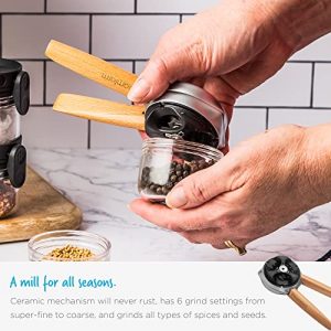 Dreamfarm Ortwo + Extra Jar | One-Handed Pepper Mill with Ceramic Grinder & Wooden Handle | Refillable Pepper Grinder | Adjustable Salt Grinder and Spice Mill | Manual Pepper Mill | 2oz