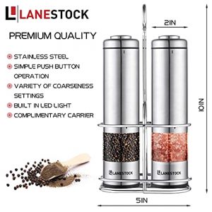 Electric Salt and pepper grinder by Lanestock - Combo set of battery operated stainless steel spice grinders with stand - LED light and adjustable knob on each mill - Powerful motor - long life-span