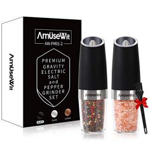 Gravity Electric Salt and Pepper Grinder Set of 2【White Light】- Battery Operated Automatic Salt and Pepper Mills with Light,Adjustable Coarseness,One Handed Operation,Cleaning Brush,Black by AmuseWit