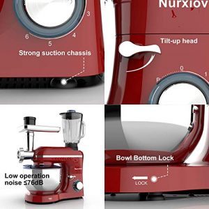 Nurxiovo 3 in 1 Kitchen Stand Mixer, 850W Multifunctional Food Electric Commercial Mixer Tilt-Head Dough Machine with 6-1/2 Qt Stainless Steel Bowl, Whisk, Hook, Beater, Juicer and Meat Blender, Red