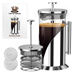 Cafe Du Chateau French Press Coffee Maker - Heat Resistant Glass with 4 Level Filtration System, Stainless Steel Housing - Brews Coffee and Tea - Large 34 Oz Carafe Coffee Presser