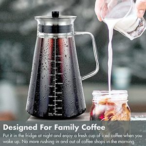 Airtight Cold Brew Iced Coffee Maker 34oz/1L, BPA-Free, Thick Borosilicate Glass Carafe with Double Fine Mesh Removable Filter, Dishwasher Safe, Rustproof, 5 Cups Capacity