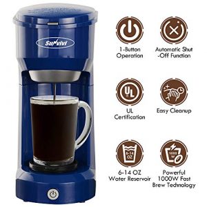 Single Serve Coffee Maker, Small Single Cup Coffee Maker for Capsule Pod Ground Coffee, 1000W Coffee Brewer Machine with Permanent Filter 6-14oz Reservoir Auto Shut Off One-Touch Button, Blue