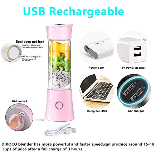 Portable Blender, Smoothie Blender with 16oz Travel Glass Cup and Lid 4000mAh Battery 7.4V Strong Power Personal Size Blender USB Rechargeable Mini Juicer Cup Travel Blender for Shakes and Smoothies with Stainless Steel 6 Blades BPA Free Pink