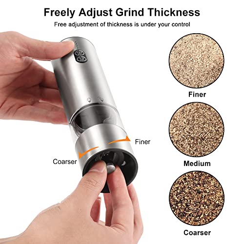 Rechargeable Electric Salt and Pepper Grinder Set, ASOFTY Dual Charging Smart Timing Automatic Salt Pepper Mill with Charging Base, LED Light, Adjustable Coarseness, Refillable, Stainless Steel