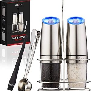 Gravity Electric Salt and Pepper Grinder Set-Battery Operated Salt and Pepper Grinder Set have Adjustable Coarseness-Automatic Stainless Steel Mill have Blue LED light with a Bonus Stand, Brush &Spoon