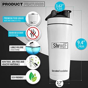 Premium Stainless Steel Shaker - Double Wall Vacuum Insulated Protein Shaker Bottle with Mixer Ball for Gym - Leakproof One-Click Lid - BPA-Free Metal Smoothie Cup for Hot & Cold Drinks - 25oz (White)