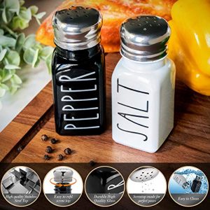 Farmhouse Salt and Pepper Shakers Set by Brighter Barns - Cute Modern Farmhouse Kitchen Decor for Home Restaurants Wedding - Gorgeous Vintage Glass Black White Shaker Sets with Stainless Steel Lids