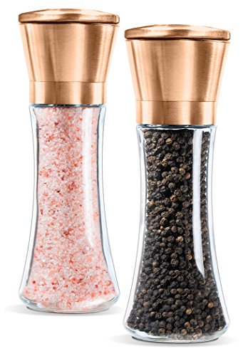 Premium Salt and Pepper Grinder Set of 2- Brushed Pepper Mill and Salt Mill, 6 Oz Glass Tall Body, 5 Grade Adjustable Ceramic Rotor- Salt and Pepper Shakers By Levav (Copper)