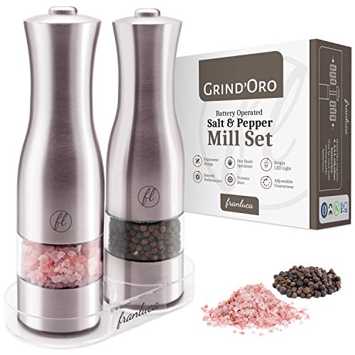 Grind'Oro Electric Salt and Pepper Grinder Set (2 Mills) Battery Operated, Stainless Steel with Light - One Touch Automatic Salt Grinder Mill Adjustable Coarseness, Franluca's Kitchen Power Shaker Set