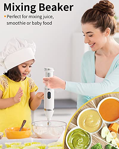 Cordless Hand Blender electric,Immersion Multi-Functional Hand Blender,4-In-1 Variable Speed Rechargeable,with Beaker,Food Chopper,Egg Whisk,for Baby Food, Smoothies, Sauces-White
