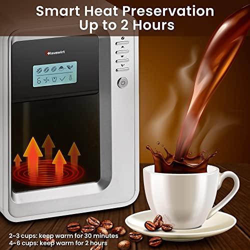 Coffee Maker with Grinder, Hauswirt 2-6 Cups Grind and Brew Coffeemaker, Programmable Bean to Cup Drip Coffee Maker and Grinder Combo, Stainless-Steel Filters, 900ml Detachable Water Reservoir, Auto Keep Warm