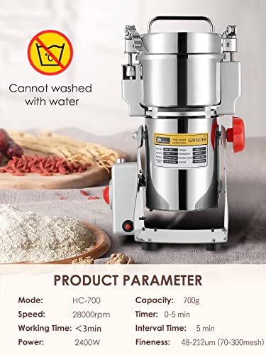 CGOLDENWALL 700g Electric Grain Grinder Mill Safety Upgraded 2400W High-speed Spice Herb Grinder Commercial Superfine Powder Machine Dry Cereals Pulverizer CE 110V (700g Swing Type)