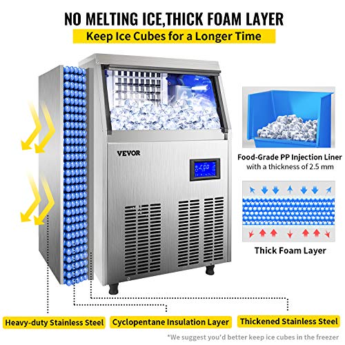 VEVOR 110V Commercial Ice Maker 80-90LBS/24H, 33LBS Storage Bin, Clear Cube, Advanced LCD Panel, Auto Operation, Blue Light, Fully Upgrade, Include Electric Water Drain Pump/Water Filter/ 2 Scoops