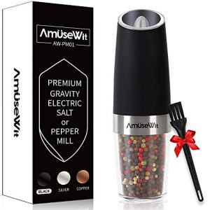 Gravity Electric Pepper Grinder or Salt Grinder Mill【White Light】- Battery Operated Automatic Pepper Mill with Light, Adjustable Coarseness, One Handed Operation, Cleaning Brush, Black by AmuseWit