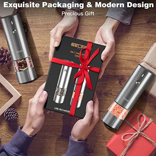 Rechargeable Electric Salt and Pepper Grinder Set - Stainless Steel, with USB Type-C Cable, LED Lights, Automatic Salt and Pepper Grinder Set, 2 Adjustable Coarseness Mills, One Hand Operation