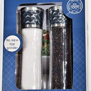 Trudeau 10 Inch Salt and Pepper Mill Set with Stainless Steel Caps Filled with Peppercorns and Sea Salt Crystals