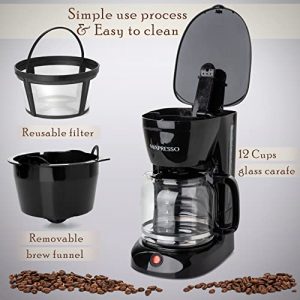 Mixpresso 12-Cup Drip Coffee Maker, Coffee Pot Machine Including Reusable And Removable Coffee Filter, Borosilicate Glass Carafe, Auto Keep Warm Function The Best Coffee Maker Filterless (Black)