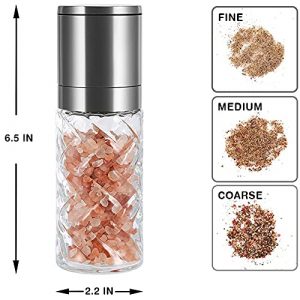 Crystal Glass Salt and Pepper Grinder Set of 2 - Large Mill Refillable Premium Jar, Brushed Stainless Steel Adjustable Coarseness Ceramic Clear Spices Shaker Kitchen Gifts Two Pieces