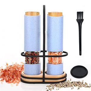 Electric Salt and Pepper Grinder Set, Battery Powered Gravity Sal Pimienta Mills, Adjustable Coarseness Automatic Blue Peper Shaker with Stand Lid, Electronic One Hand Operation Refillable Peppermills